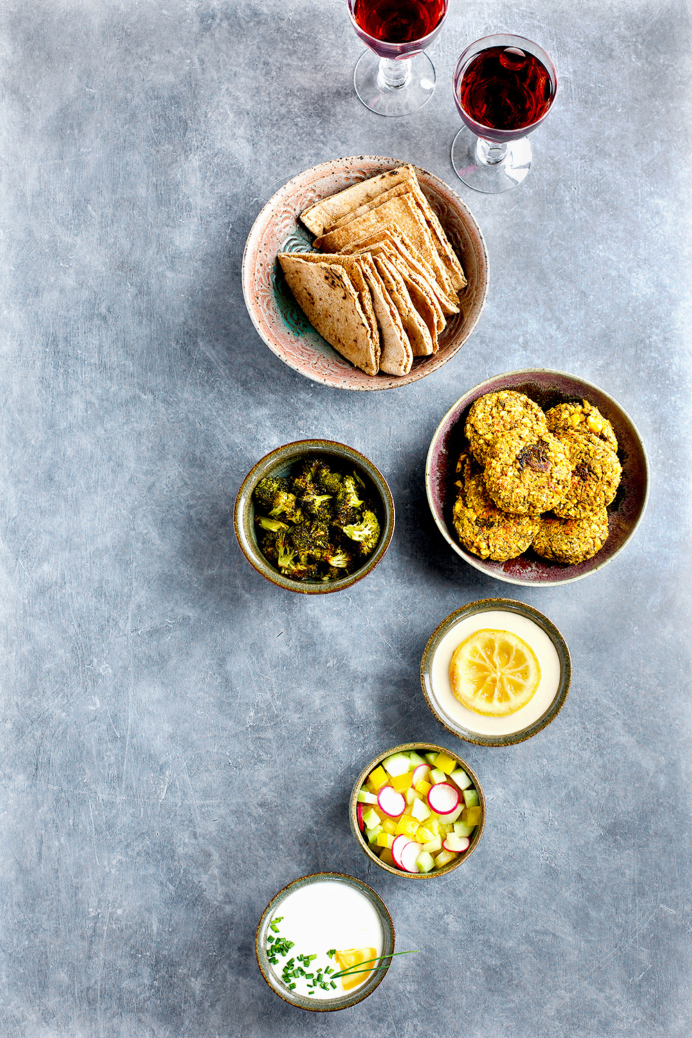 Charred Broccoli Falafel with Charred Lemon Tahini and Tzatziki Sauce ⋆